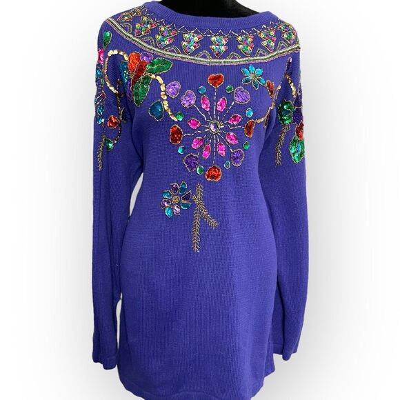 Vintage SML Sport LTD Tunic Sweater Women's Medium Purple Sequin Beaded Glam 80s - Picture 4 of 12